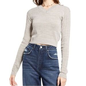 BP Nordstrom Womens XL Oatmeal Beige Heather Ribbed Knit V Neck Long Sleeve Top